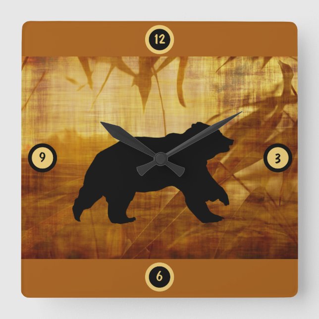 Bear Silhouette Bamboo Tapet Clock Fyrkantig Klocka (Framsida)
