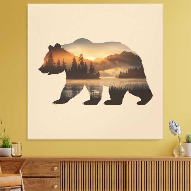 Bear Silhouette Design with Sunset View Canvastryck (Insitu (Vardagsrum))
