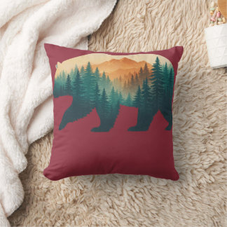 Bear Silhouette Forest & Mountain Double Exposure Kudde