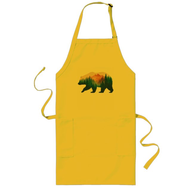 Bear Silhouette Forest & Mountain Double Exposure Långt Förkläde (Framsidan)