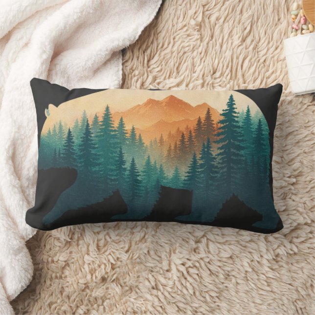 Bear Silhouette Forest & Mountain Double Exposure Lumbarkudde (Filt)