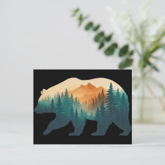 Bear Silhouette Forest & Mountain Double Exposure Meddelande Vykort