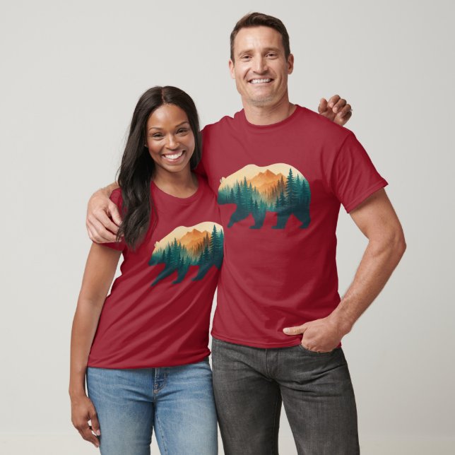 Bear Silhouette Forest & Mountain Double Exposure T Shirt (Unisex)