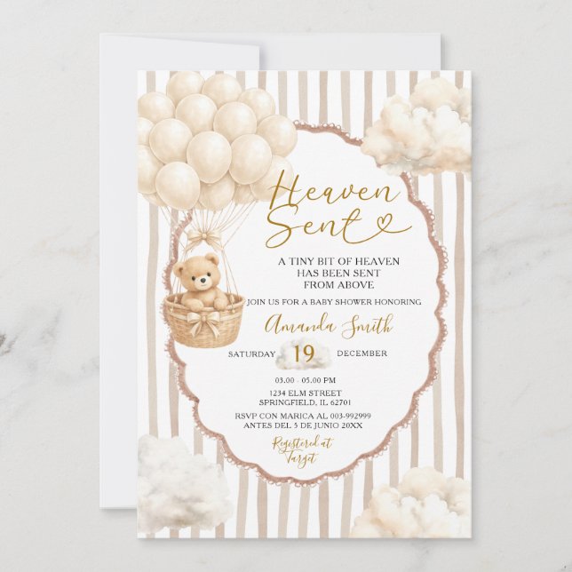 Bear Stripe Beige Balloon Heaven Sent Baby Shower  Inbjudningar (Framsida)
