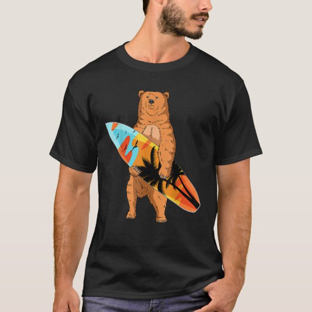 Bear Surfer Surfboard Beach Summer Vinkarare Surfa T Shirt (Framsida)