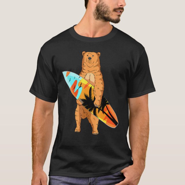 Bear Surfer Surfboard Beach Summer Vinkarare Surfa T Shirt (Framsida)