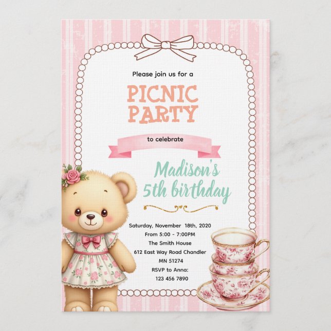 Bear tea party invitation inbjudningar (Framsida)