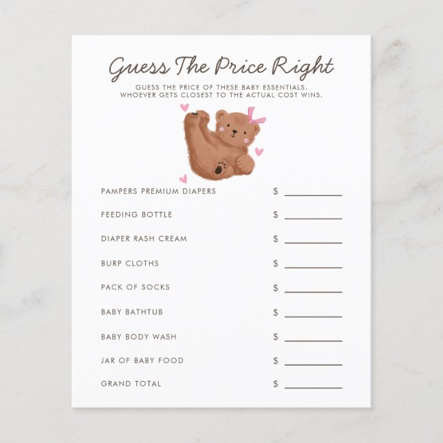 Bear Themme Girl Baby Shower gissar den Prisa Höge (Framsida)