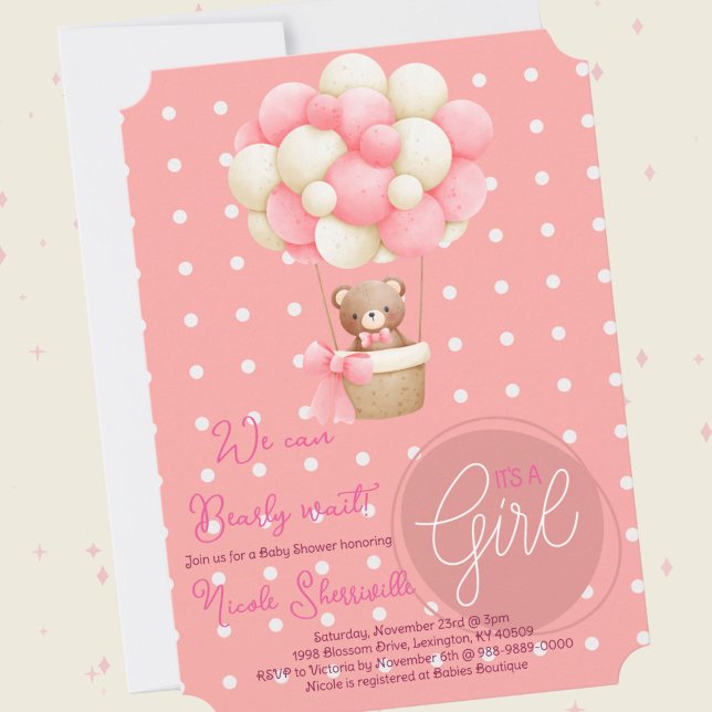 Bear Themme Rosa Peach Luftballong Baby Shower Inbjudningar (Bear Theme Pink Peach Hot Air Balloon Baby Shower Theme)