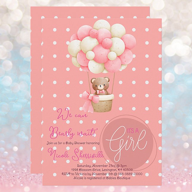 Bear Themme Rosa Peach Luftballong Baby Shower Inbjudningar (Whimsical Hot Air Balloon Polka Dot Teddy Bear We Can Bearly Wait Baby Shower It's A Girl Invite)