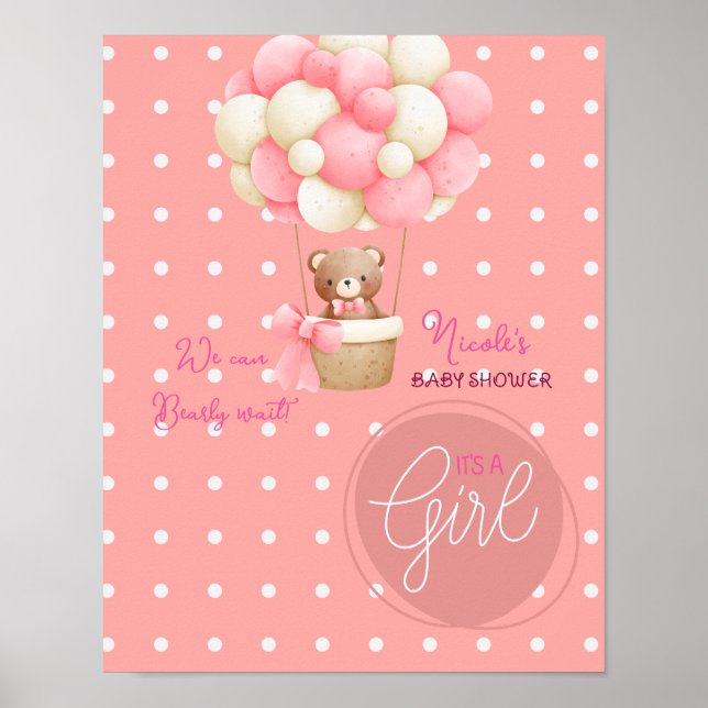 Bear Themme Rosa Peach Luftballong Baby Shower Poster (Framsidan)