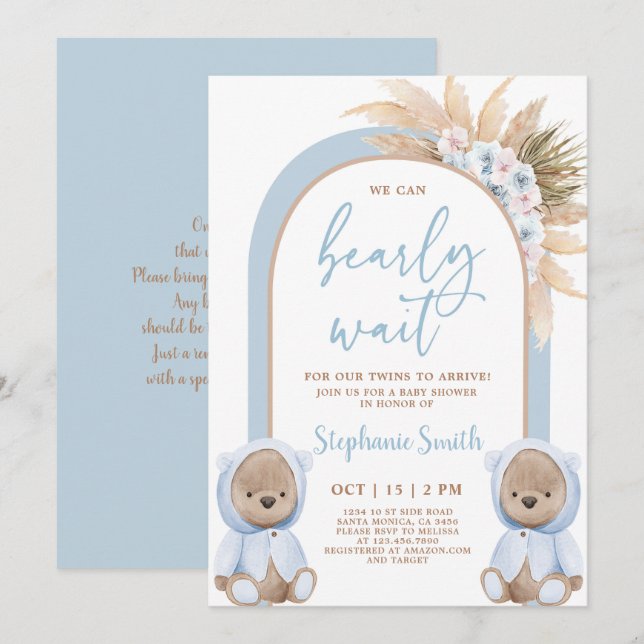 Bear Twin Boys Baby Shower-inbjudan Inbjudningar (Fram/baksida)