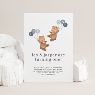Bear Twin Boys Joint 1st Birthday Call Inbjudningar