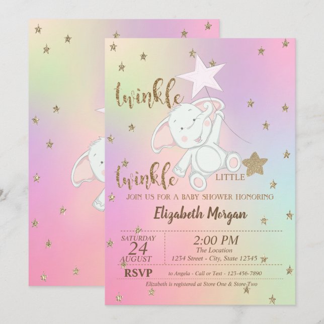 Bear,Twinkle Little Star HoloGraph Baby Shower Inbjudningar (Fram/baksida)
