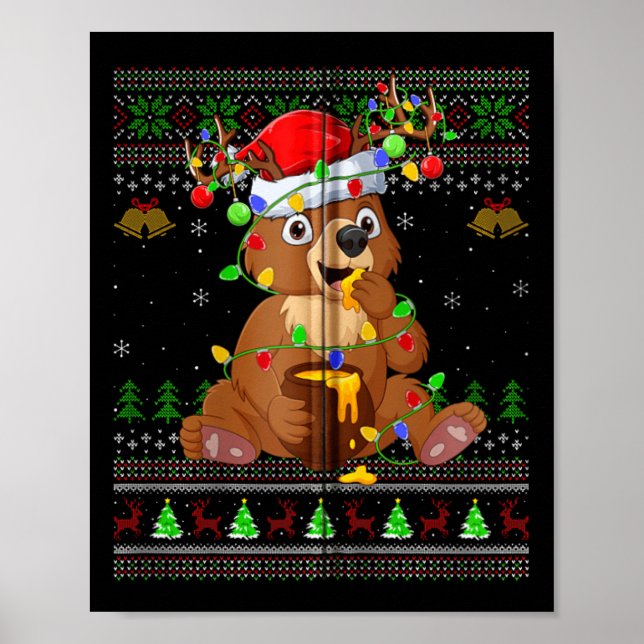 Bear Ugly Sweater Julafton Ljus Santa Hat Bear Chr Poster (Framsidan)