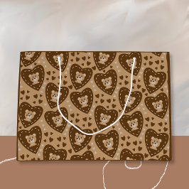 Bear Unge Ansikte och Brown Heart Mönster Gift Bag