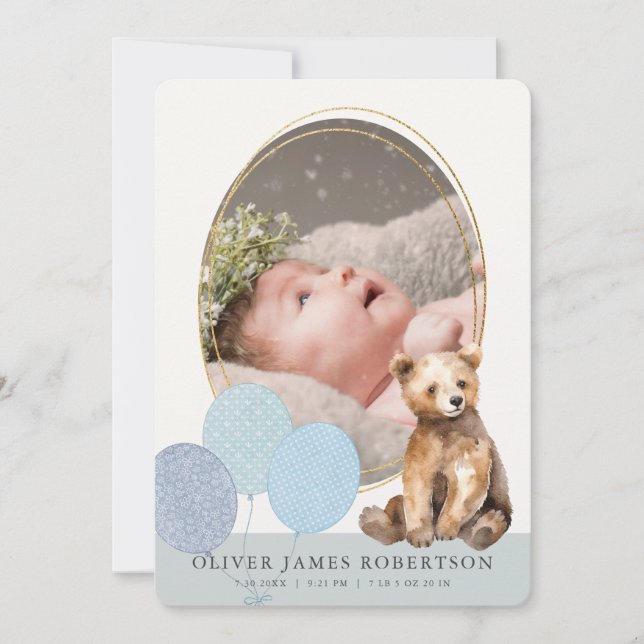 Bear Unge Balloons Boy Birth Notice Inbjudningar (Framsida)