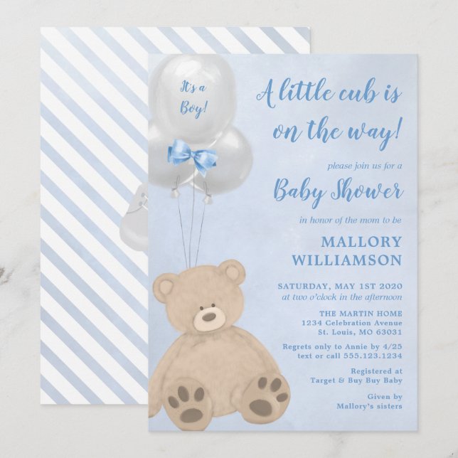 Bear Unge Boy Baby Shower Inbjudningar (Fram/baksida)