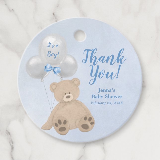Bear Unge Boy Baby Shower Tack Gåvor Etiketter (Framsida)