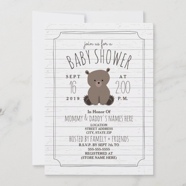 Bear Unge Grått Wood Baby Shower Inbjudningar (Framsida)