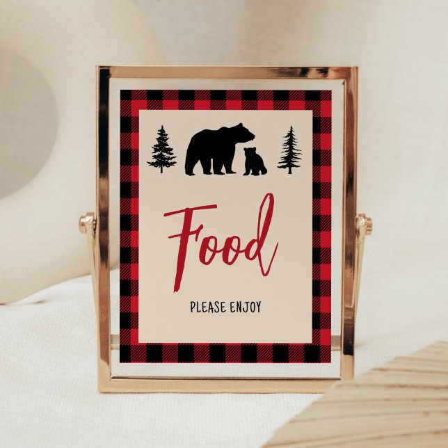 Bear Unge Lumberjack Baby Shower Food Poster (Bear Cub Plaid Lumberjack Baby Shower Food Sign)