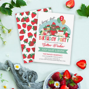 Bear Unge Red Strawberry Berry 1:a födelsedagen Pa Inbjudningar