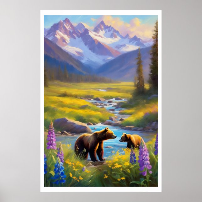 Bear Unge Snö Mountain Meadow Wildblommor Paeing Poster (Framsidan)
