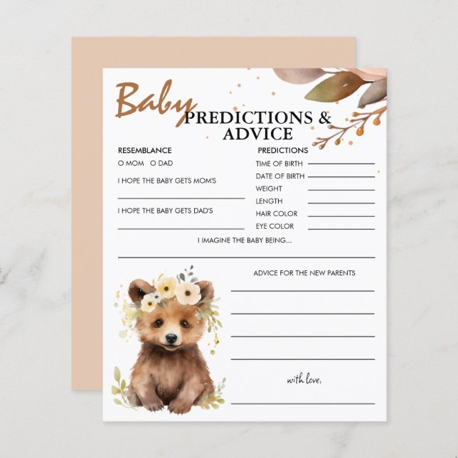Bear Unge Woodland Baby Predications & Advice Card (Fram/baksida)