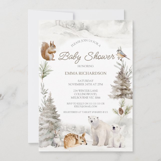 Bear Unge Woodland Winter Baby Shower-inbjudan Inbjudningar (Framsida)