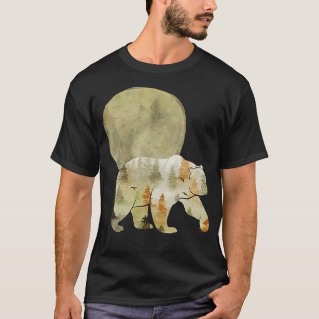 Bear Walking i Skogen Måne målade skogen Wildlife T Shirt (Framsida)