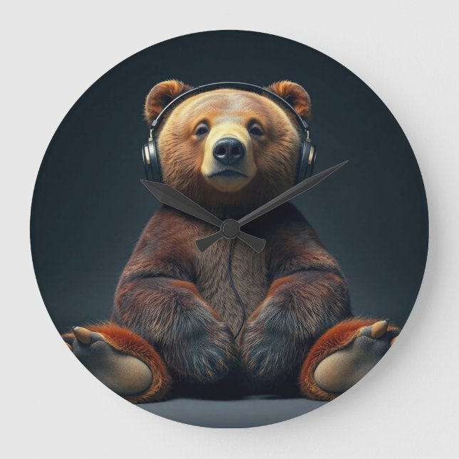 Bear Wearing Headphones Stor Klocka (Framsida)