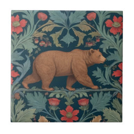 Bear William Morris stil Höger Facing Red Blommigt Kakelplatta