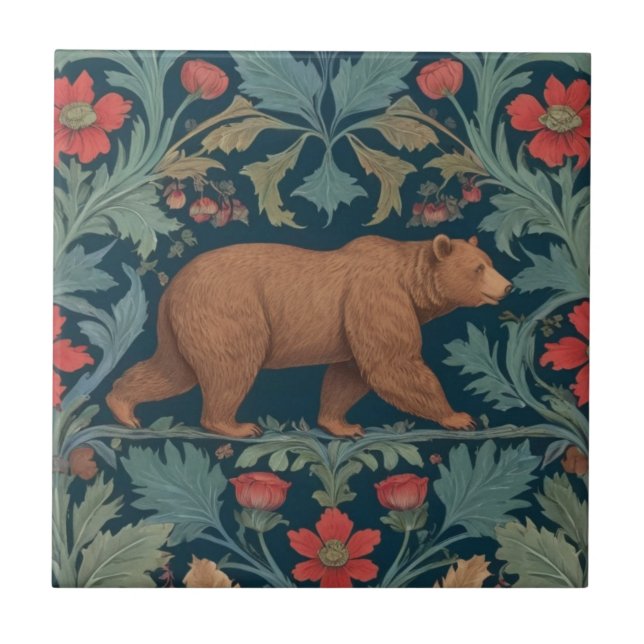 Bear William Morris stil Höger Facing Red Blommigt Kakelplatta (Framsidan)