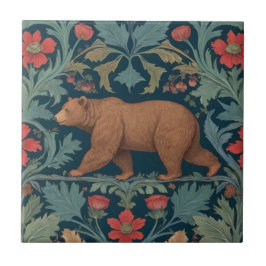 Bear William Morris stil Lämnat Facing Red Blommig Kakelplatta