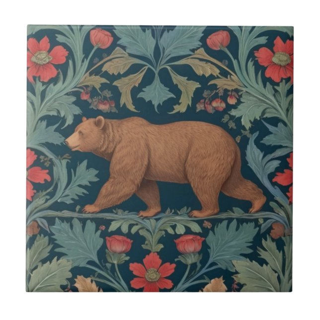 Bear William Morris stil Lämnat Facing Red Blommig Kakelplatta (Framsidan)