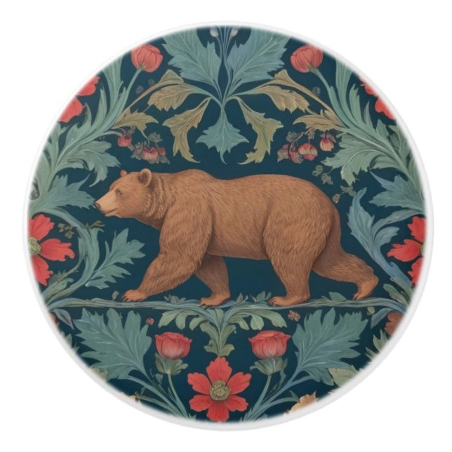 Bear William Morris stil Lämnat Facing Red Blommig Knopp (Framsidan)