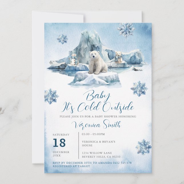 Bear Winter Arktis Animals Baby Shower Snöflingor Inbjudningar (Framsida)