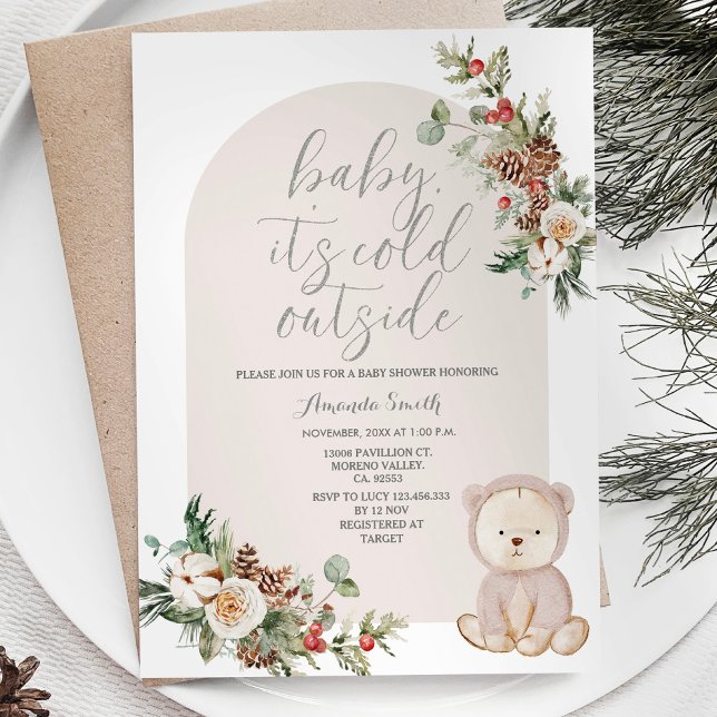 Bear Winter Berries Snöflingor Träd Baby Shower Inbjudningar (Skapare uppladdad)