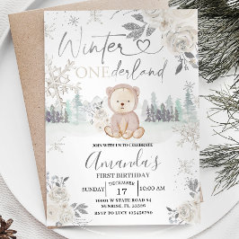 Bear Winter Onederland Snowflake Blommigt Birthday Inbjudningar