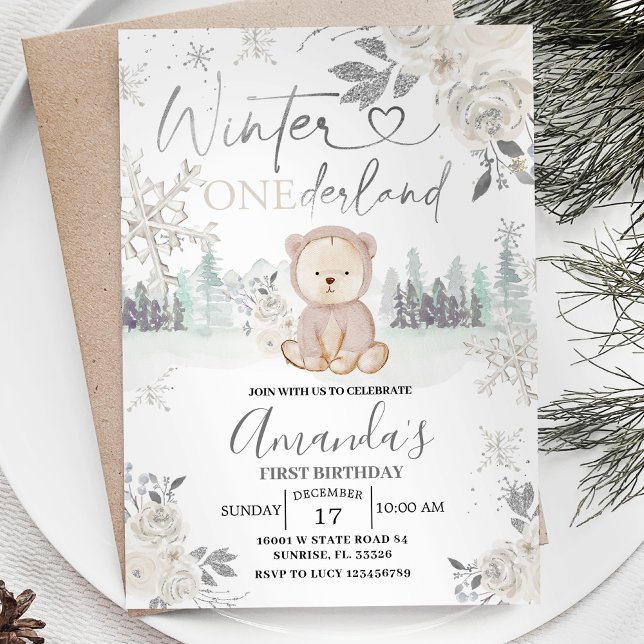 Bear Winter Onederland Snowflake Blommigt Birthday Inbjudningar (Skapare uppladdad)