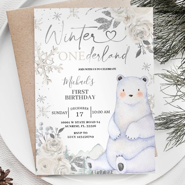 Bear Winter Onederland White Blommigt Birthday Inbjudningar (Skapare uppladdad)