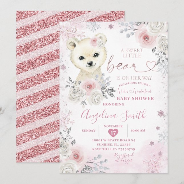 Bear Winter Pastel Rosa Snowflake Baby Shower Inbjudningar (Fram/baksida)