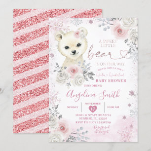 Bear Winter Pastel Rosa Snowflake Baby Shower Inbjudningar