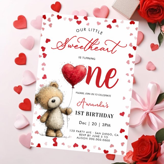 Bear with balloon Valentines 1st girl Birthday Inbjudningar (Skapare uppladdad)