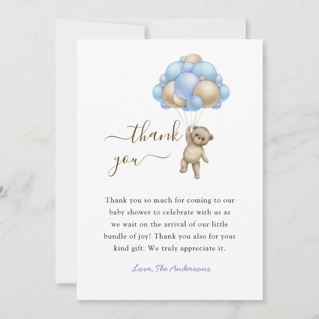 Bear with Balloons Baby Boy shower Thank you card Tack Kort (Framsida)