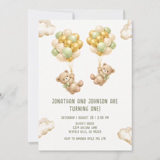 Bear With Balloons Twins First Birthday Invitation Inbjudningar (Framsida)