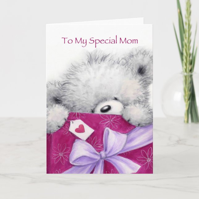Bear with Big Present, Mamma Birthday Kort (Framsida)