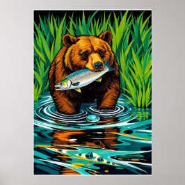 Bear with Catch - Bold Salmon Hunt River Scene Poster