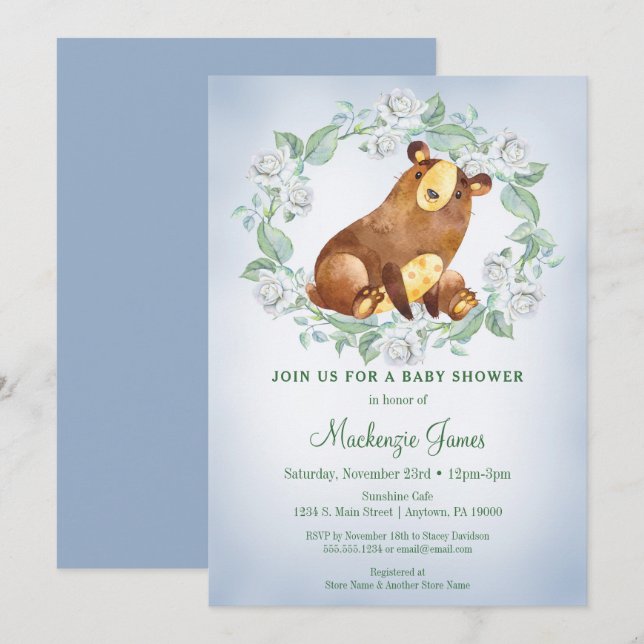 Bear Woodland Baby Shower Boys Blue Inbjudningar (Fram/baksida)