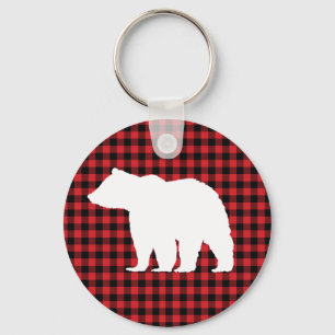 Bear Woodland Buffalo Check Button Keychain Nyckelring